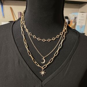 Charming Charlie Gold Triple Layer Necklace with Moon and Star